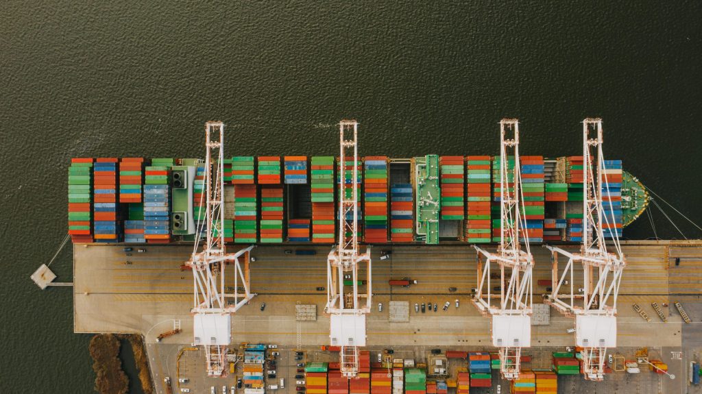 Colorful cargo containers on ship near pier in Baltimore