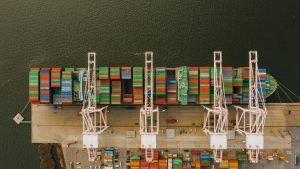 Colorful cargo containers on ship near pier in Baltimore