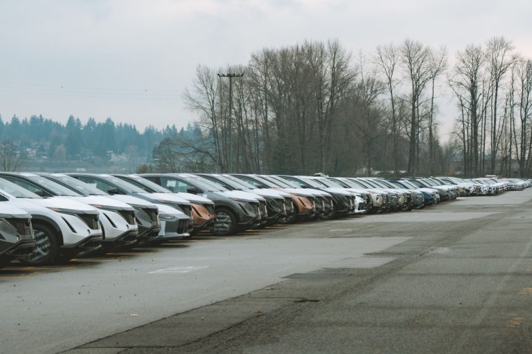 A long row of cars parked outdoors on an overcast day with trees in the background