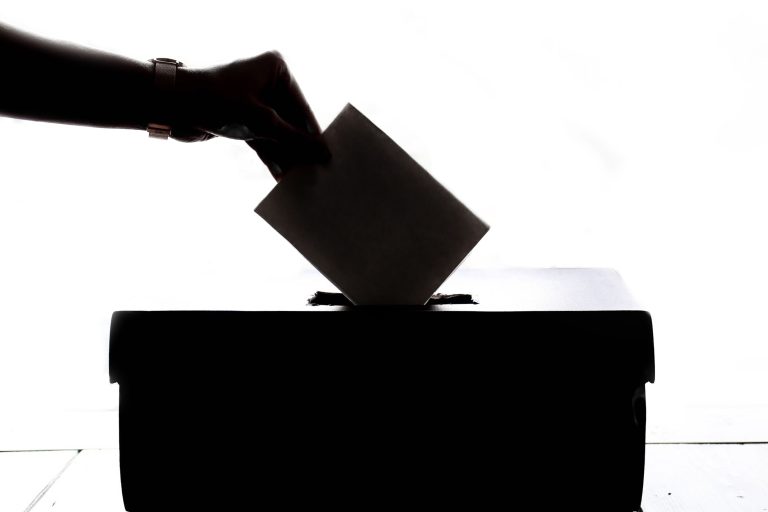 A person drops a folded ballot into a box